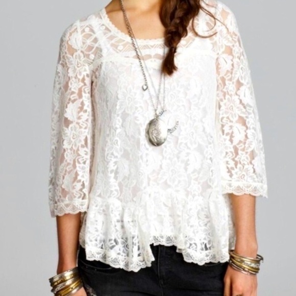 Free People shirt Lace Scallop Hem Top XS Romantic Cottagecore Boho - Picture 1 of 6